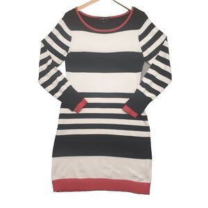 Derek Heart Womens Sz XL Sweater Dress Striped Bodycon Black White Red Trim
